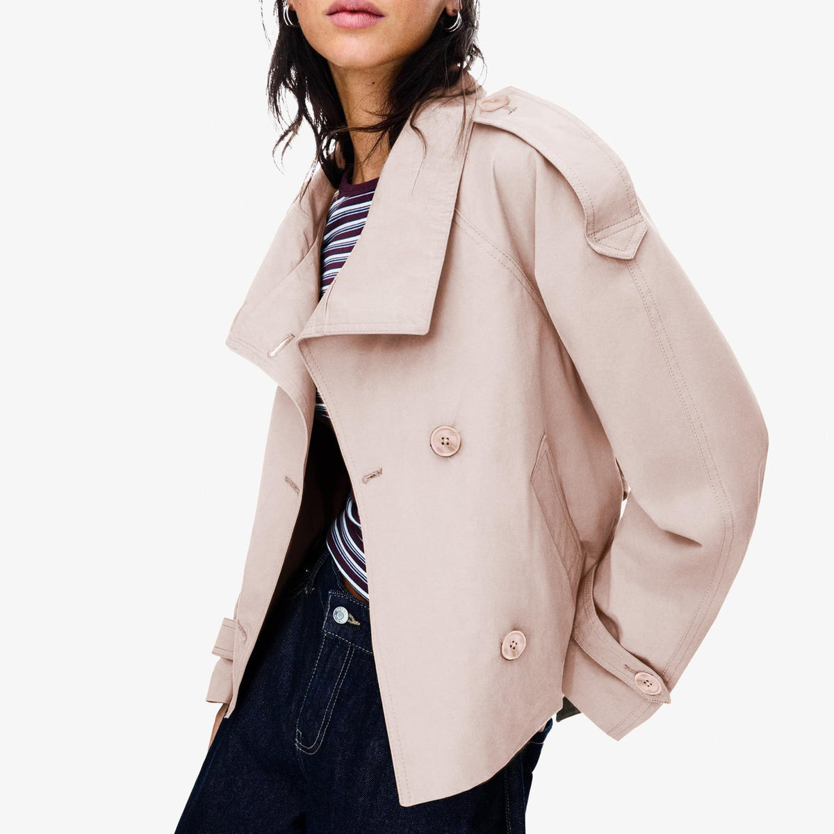 Cropped trench jacket for fall and winter, perfect for daily wear, commuting, and weekend trips, XL (Light Beige)