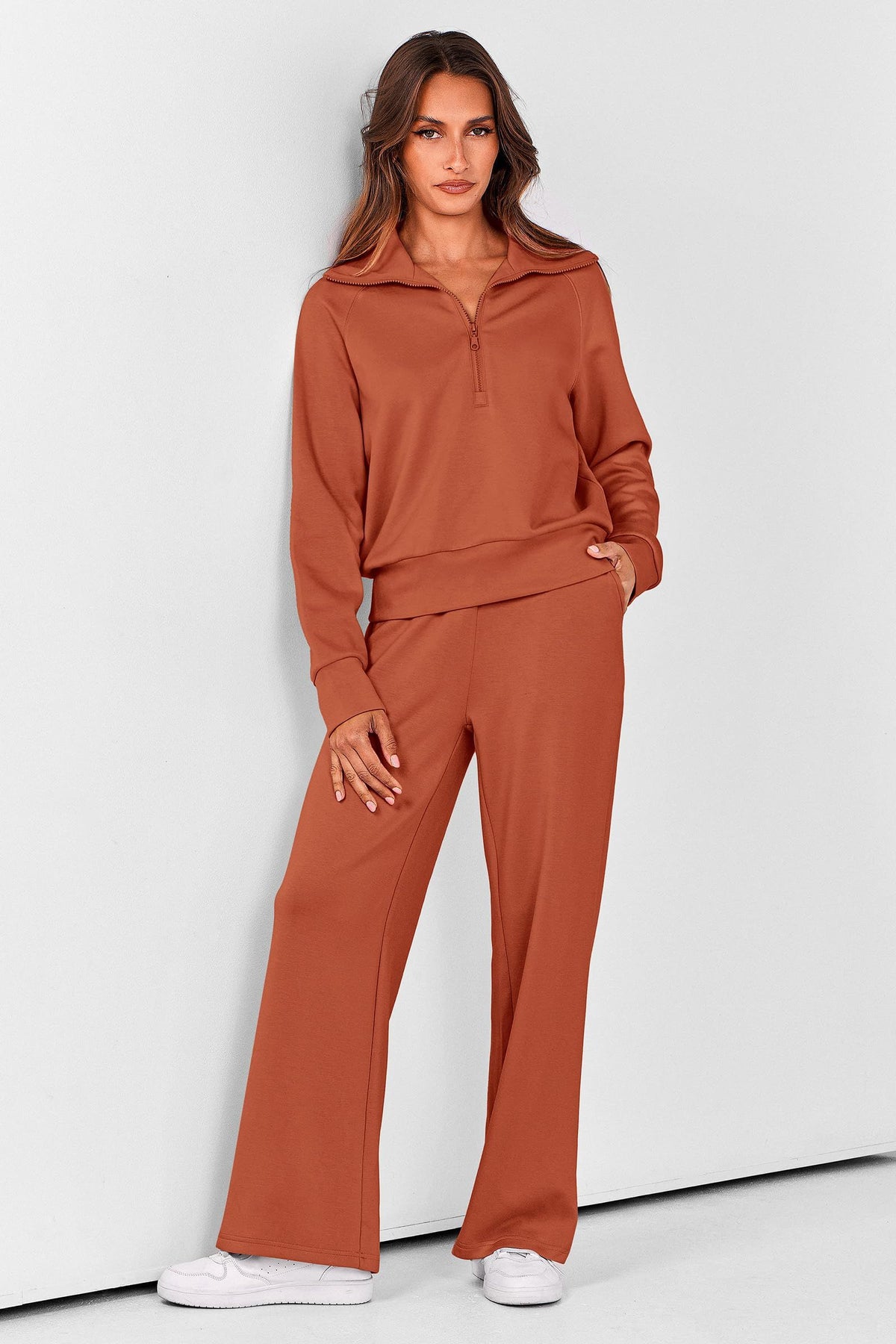 Women's 2-Piece Pullover & Wide-Leg Pants Set for Loungewear, Workouts & Casual Outings, S (Terracotta)