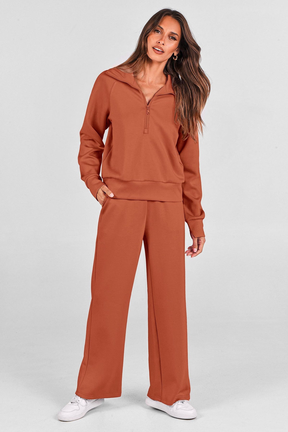 Women's 2-Piece Pullover & Wide-Leg Pants Set for Loungewear, Workouts & Casual Outings, M (Terracotta)