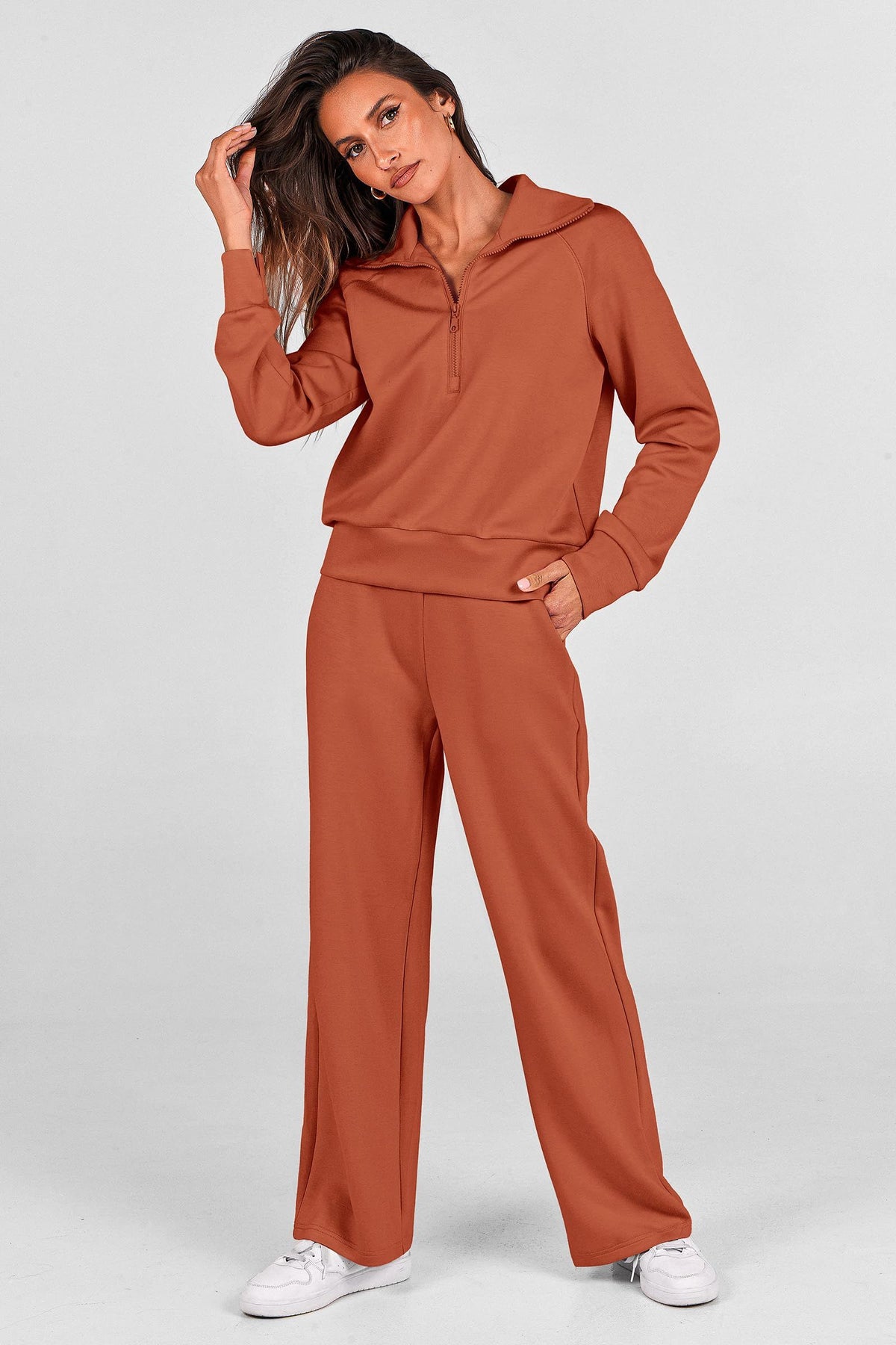 Women's 2-Piece Pullover & Wide-Leg Pants Set for Loungewear, Workouts & Casual Outings, L (Terracotta)