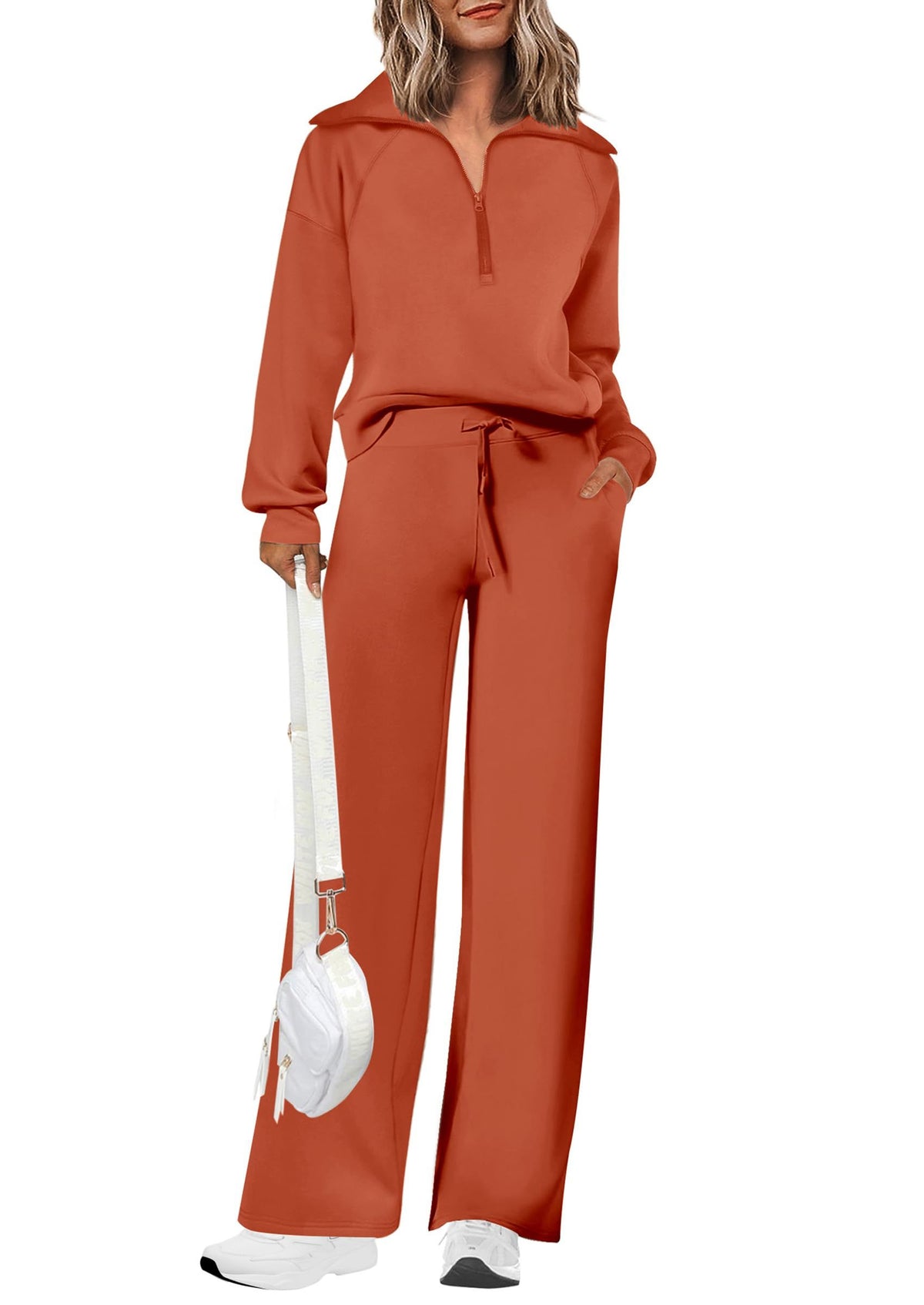 Women's 2-Piece Pullover & Wide-Leg Pants Set for Loungewear, Workouts & Casual Outings, XXL (Terracotta)