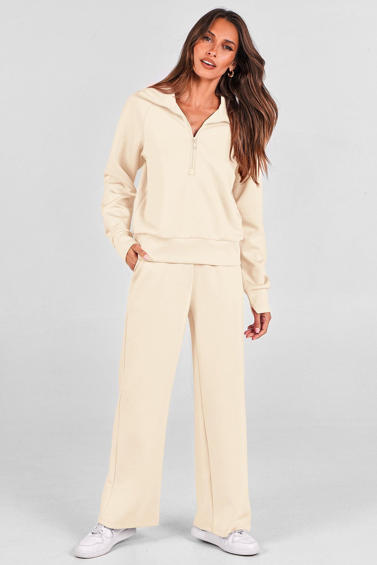 Women's 2-piece tracksuit set for lounging, workouts, and casual outings, S (Beige)