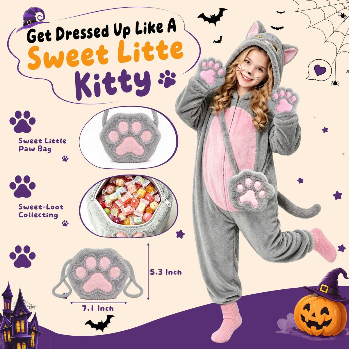 Kids Cat Costume for Halloween, Dress-Up Parties, Trick-or-Treat & Role Play, XXL (gray)