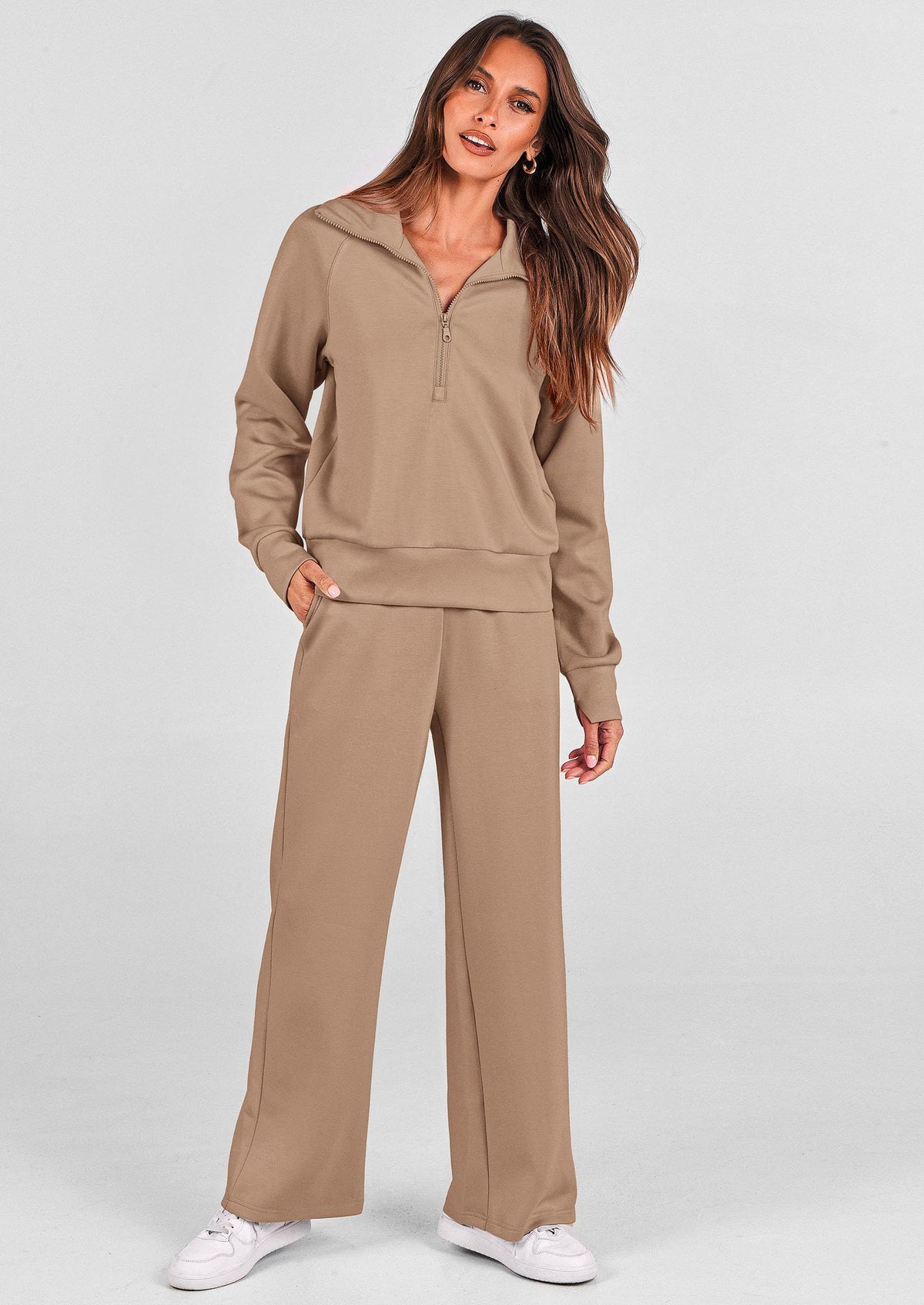 Women's 2-piece Casual Tracksuit, Ideal For Lounging, Working Out, Running Errands, L (Beige)