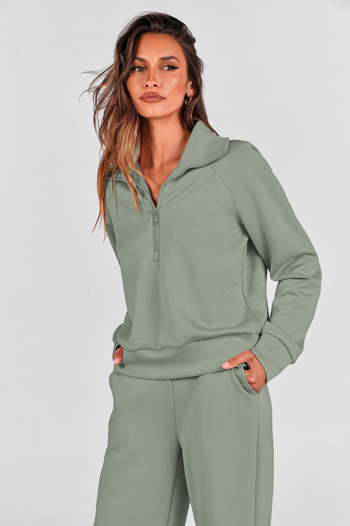 Women’s 2-Piece Lounge Set for Daily Errands, Gym Workouts & Relaxed At-Home Wear, L (Sage Green)