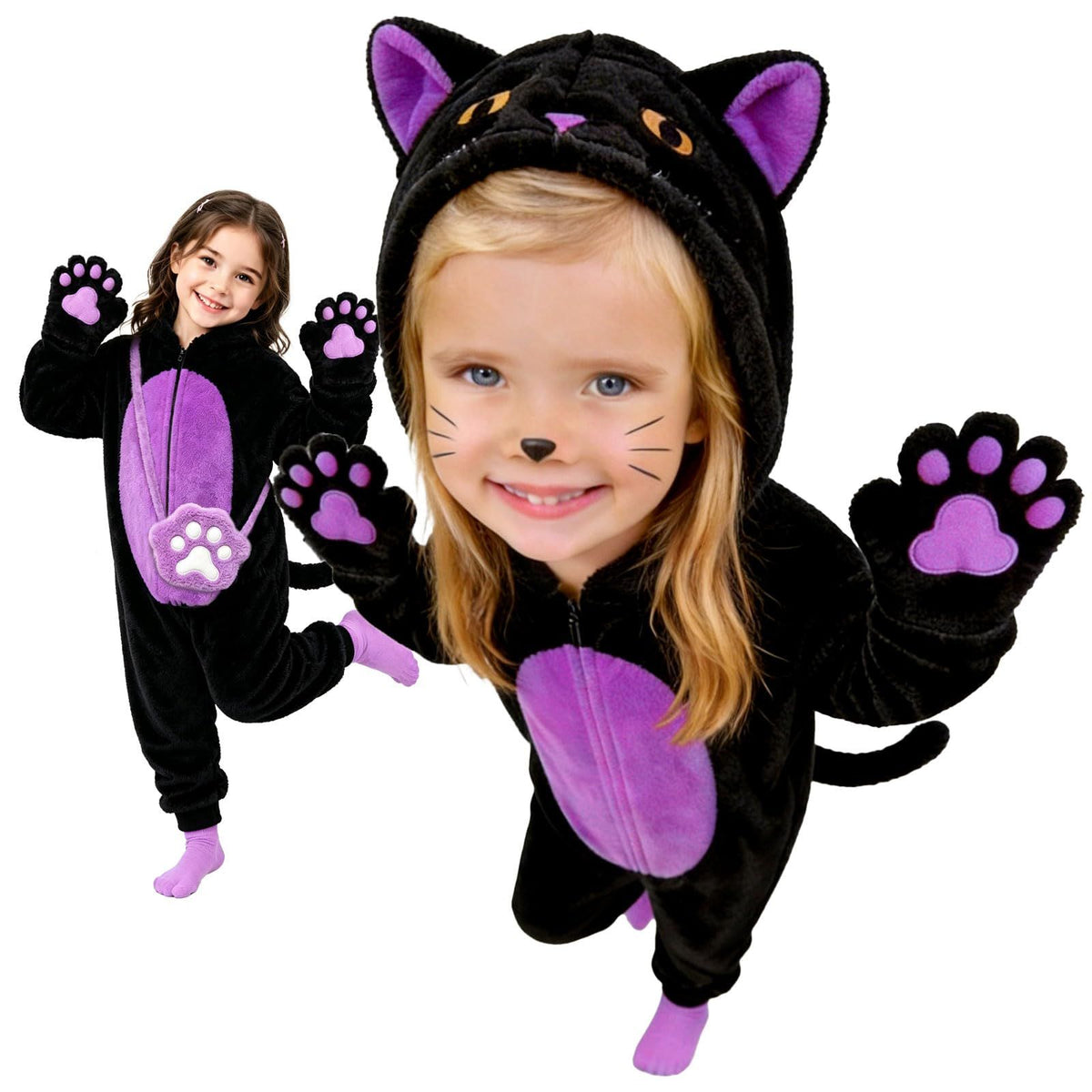 Kids' Black Cat Onesie Costume for Halloween, Role Play, and Themed Parties, S (Black)