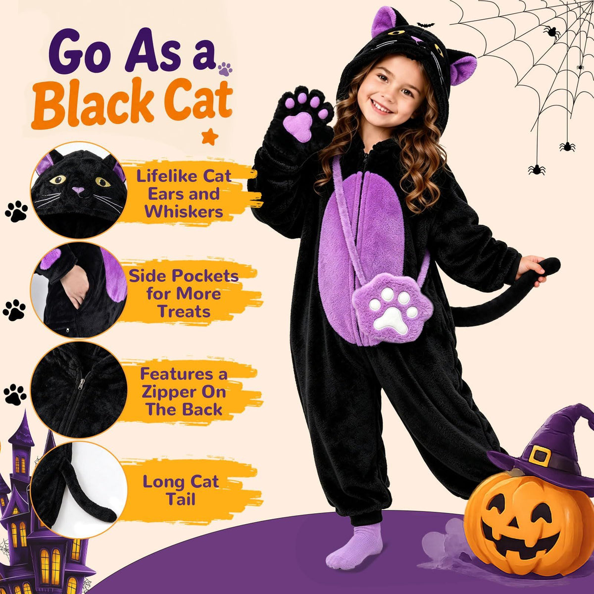 Kids' Black Cat Onesie Costume for Halloween, Role Play, and Themed Parties, M (Black)