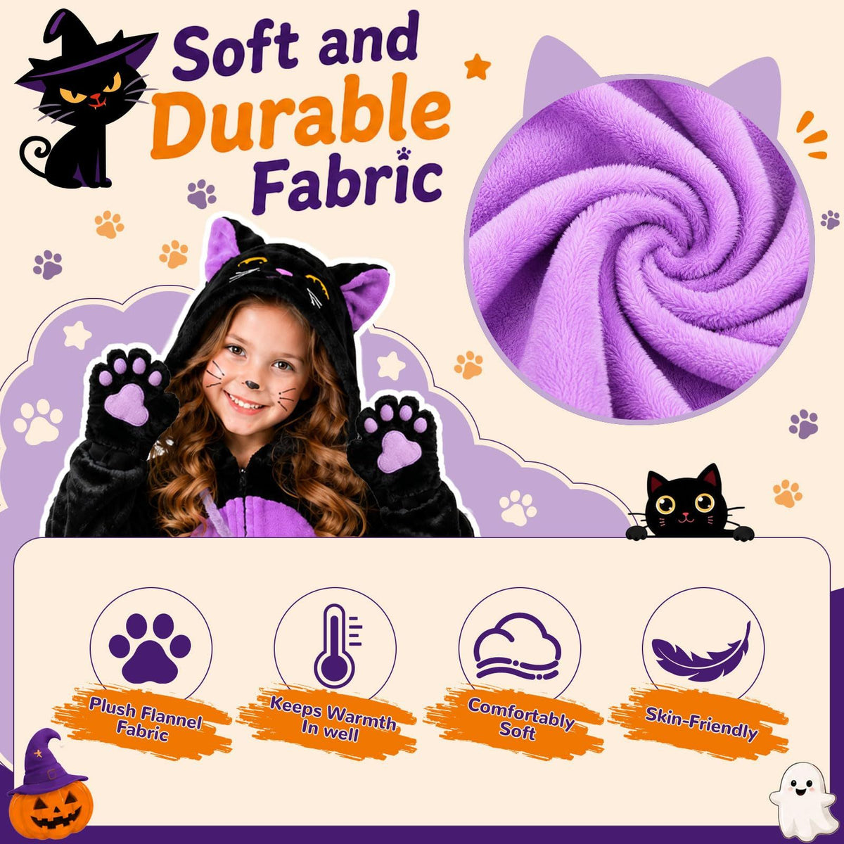 Kids' Black Cat Onesie Costume for Halloween, Role Play, and Themed Parties, M (Black)