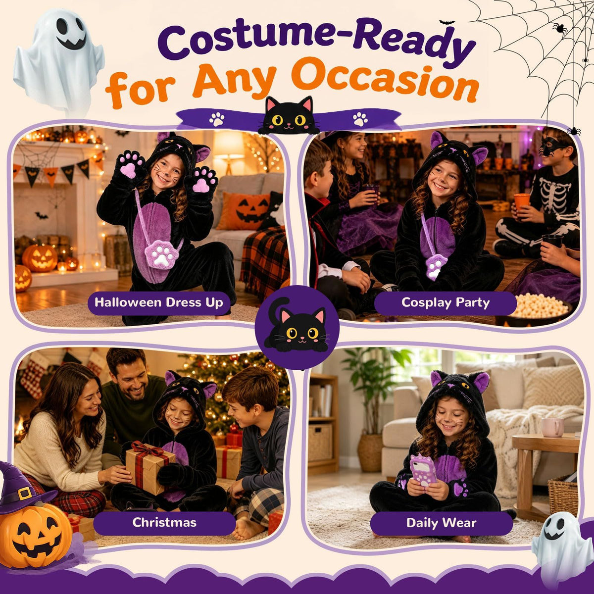 Kids' Black Cat Onesie Costume for Halloween, Role Play, and Themed Parties, M (Black)