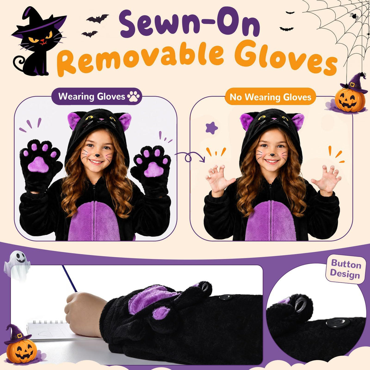 Kids' Black Cat Onesie Costume for Halloween, Role Play, and Themed Parties, L (Black)