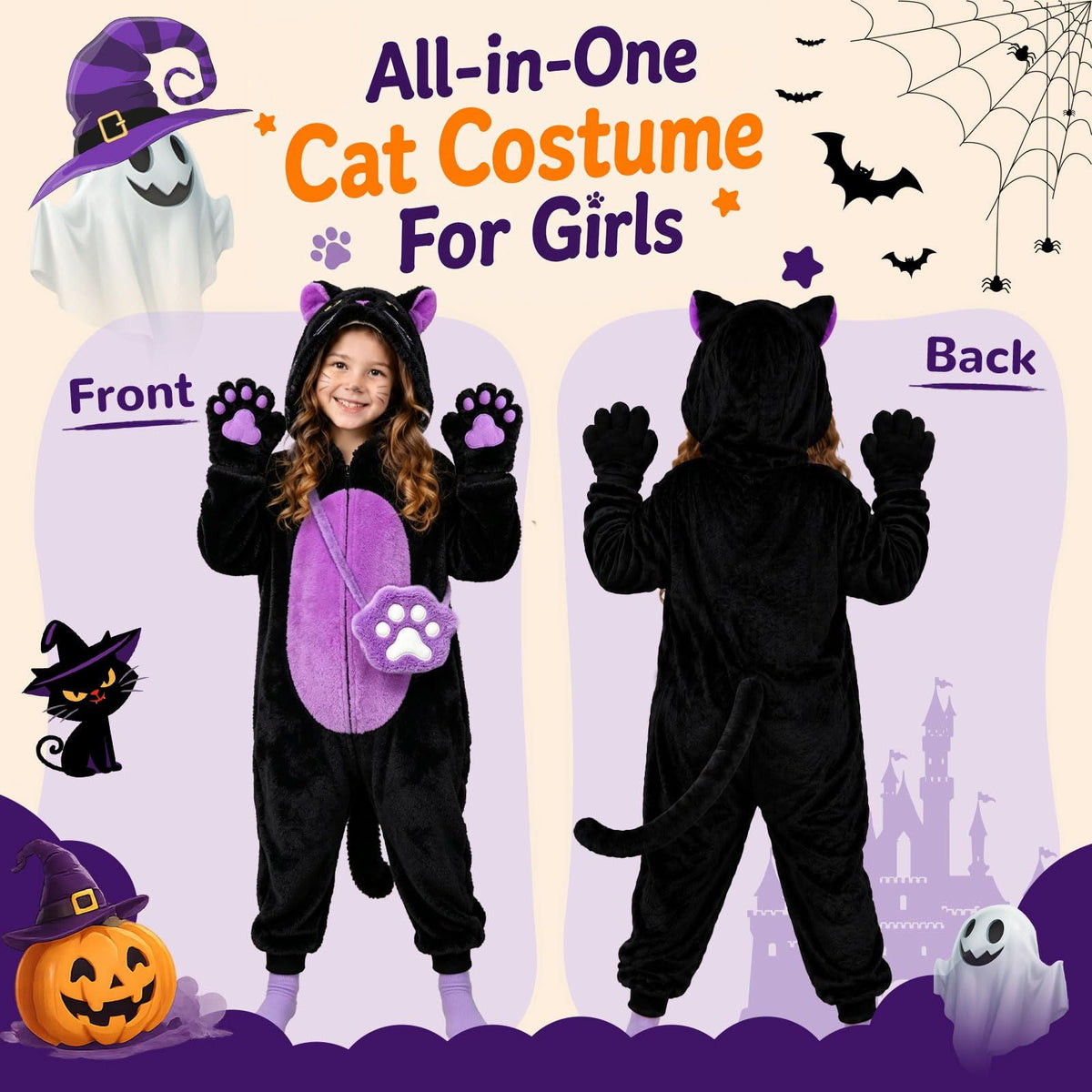 Kids' Black Cat Onesie Costume for Halloween, Role Play, and Themed Parties, L (Black)
