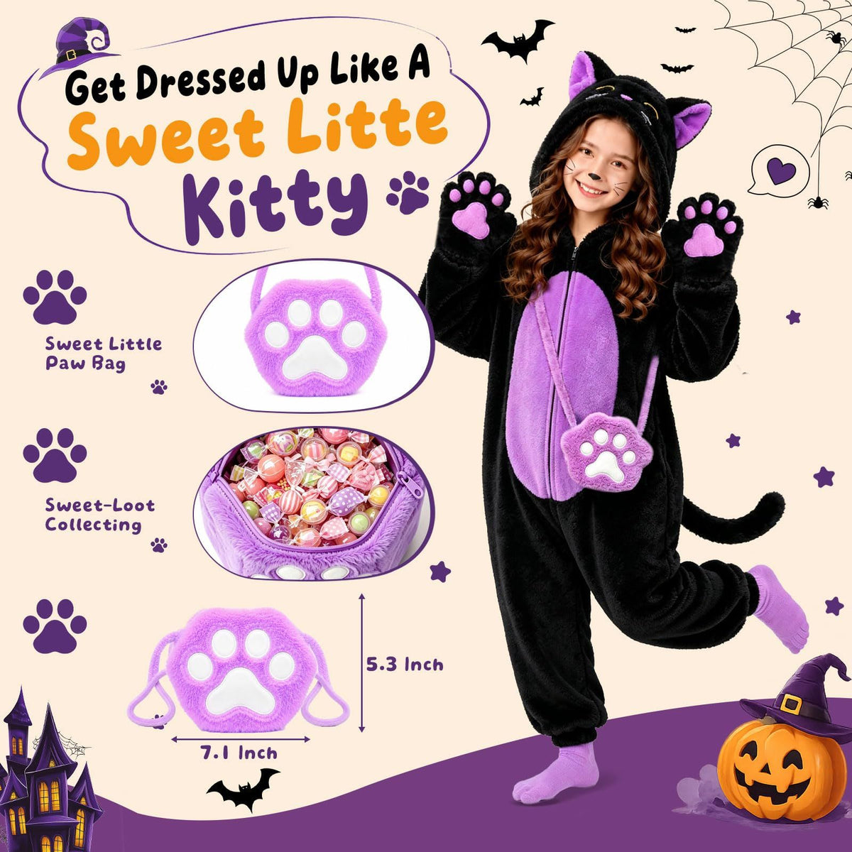 Kids' Black Cat Onesie Costume for Halloween, Role Play, and Themed Parties, XXL (Black)