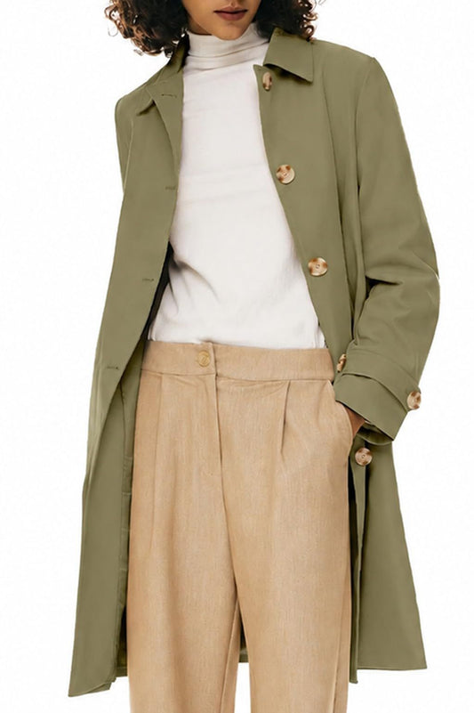 Women’s Mid-Length Single-Breasted Trench Coat for Office, Weekend & Transitional Seasons, L (khaki green)
