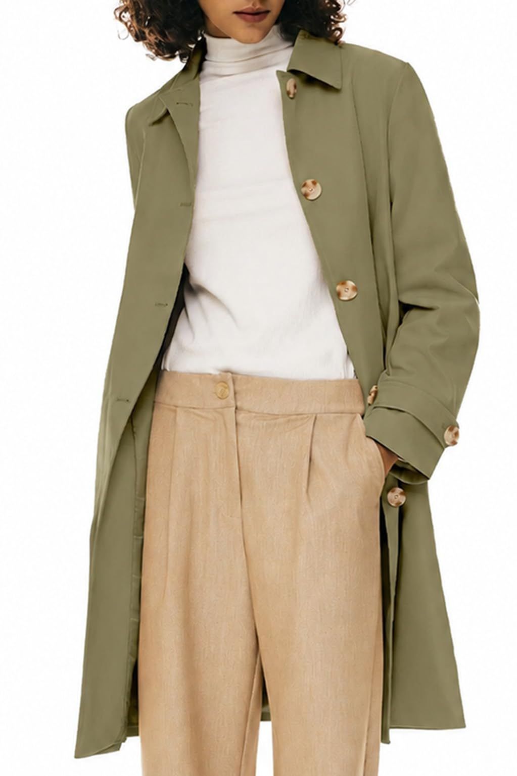 Women’s Mid-Length Single-Breasted Trench Coat for Office, Weekend & Transitional Seasons, XL (khaki green)