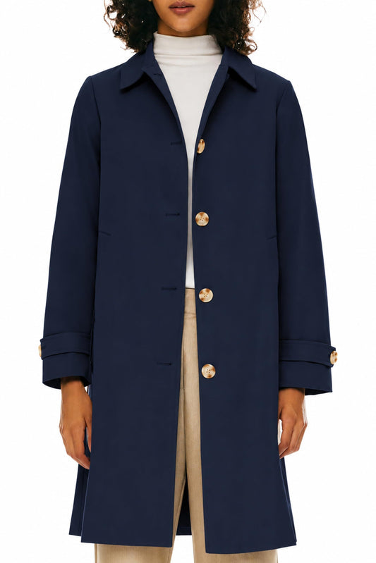 Women's Single-Breasted Mid-Length Trench Coat for Office, Commute & Casual Outings, S (Midnight Blue)