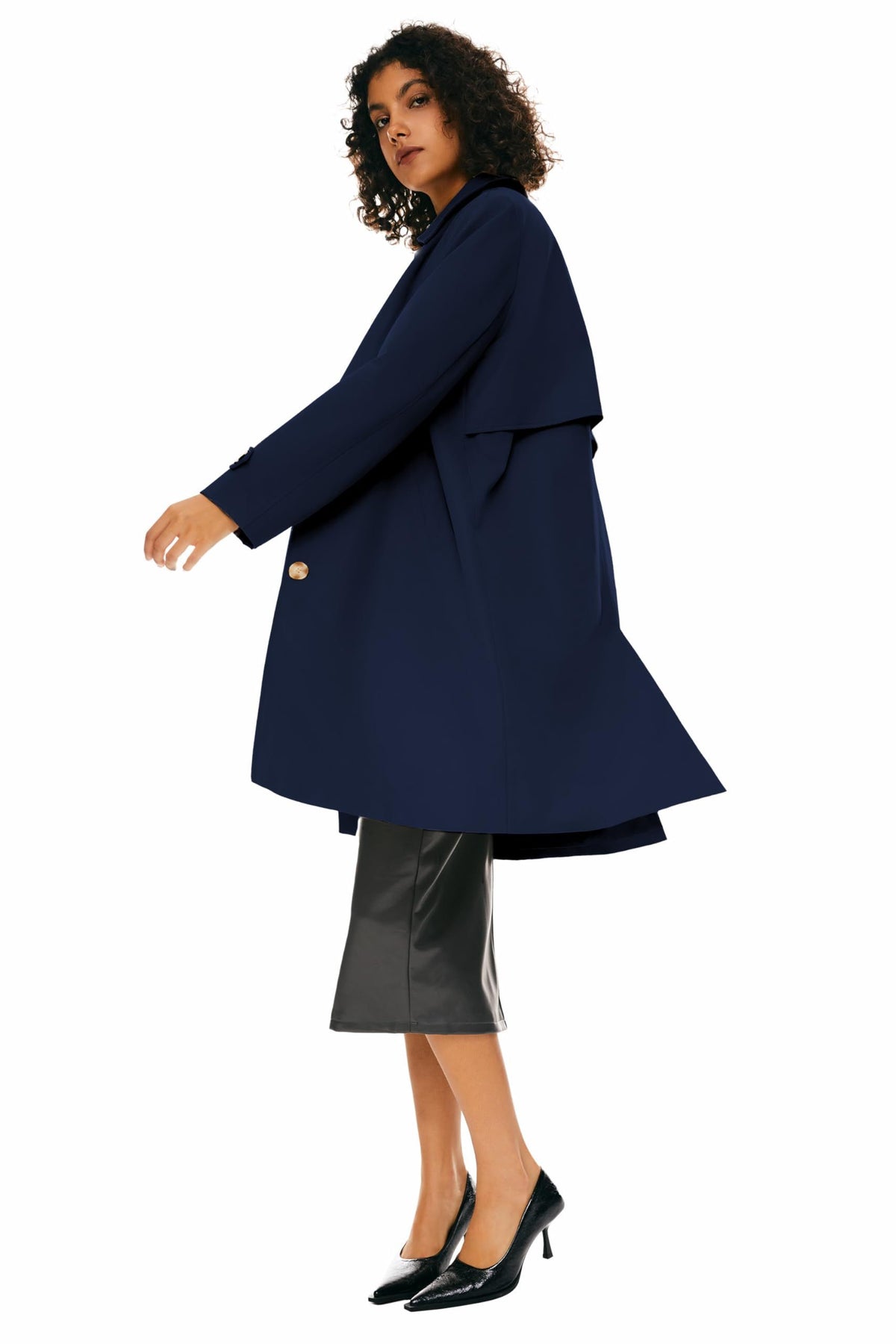 Women's Single-Breasted Mid-Length Trench Coat for Office, Commute & Casual Outings, L (Midnight Blue)