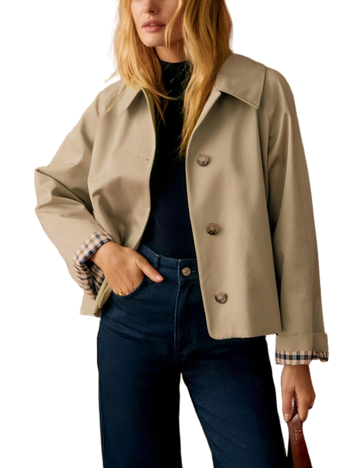 Versatile Lightweight Cropped Trench Jacket for Daily Work, Travel and All Seasons, XS (khaki)