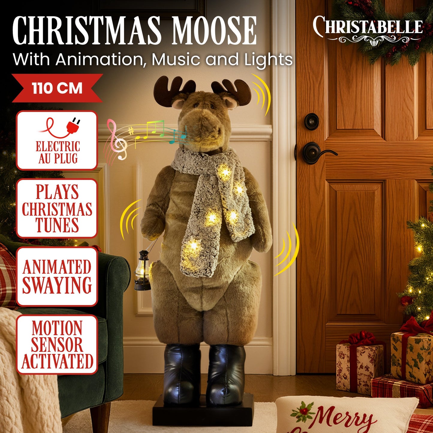 Christabelle 1.1m Musical LED Animated Christmas Moose Decoration Light-Up Lantern Ornament