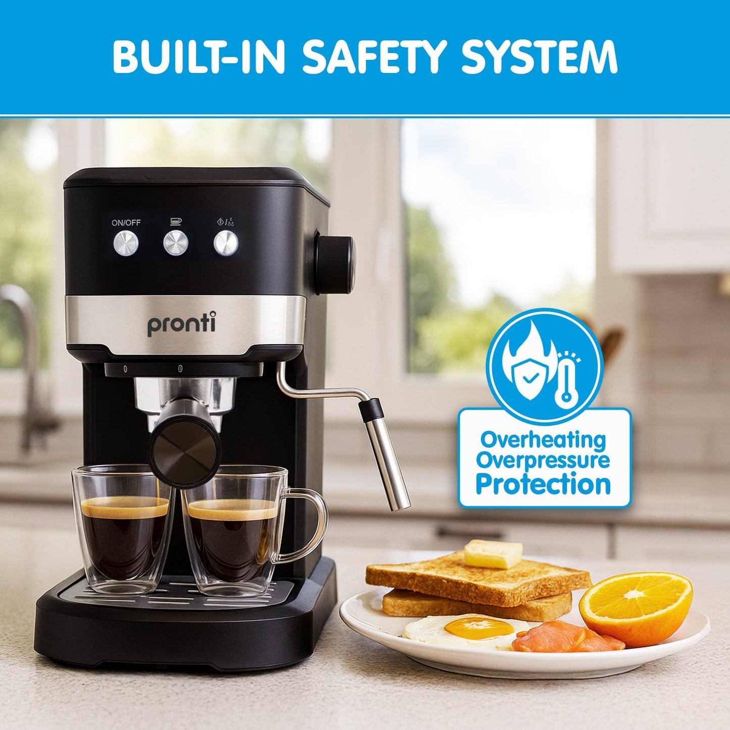 Pronti CM-850D Coffee Machine 20 Bar Espresso Maker with Milk Frother and 1.25L Tank