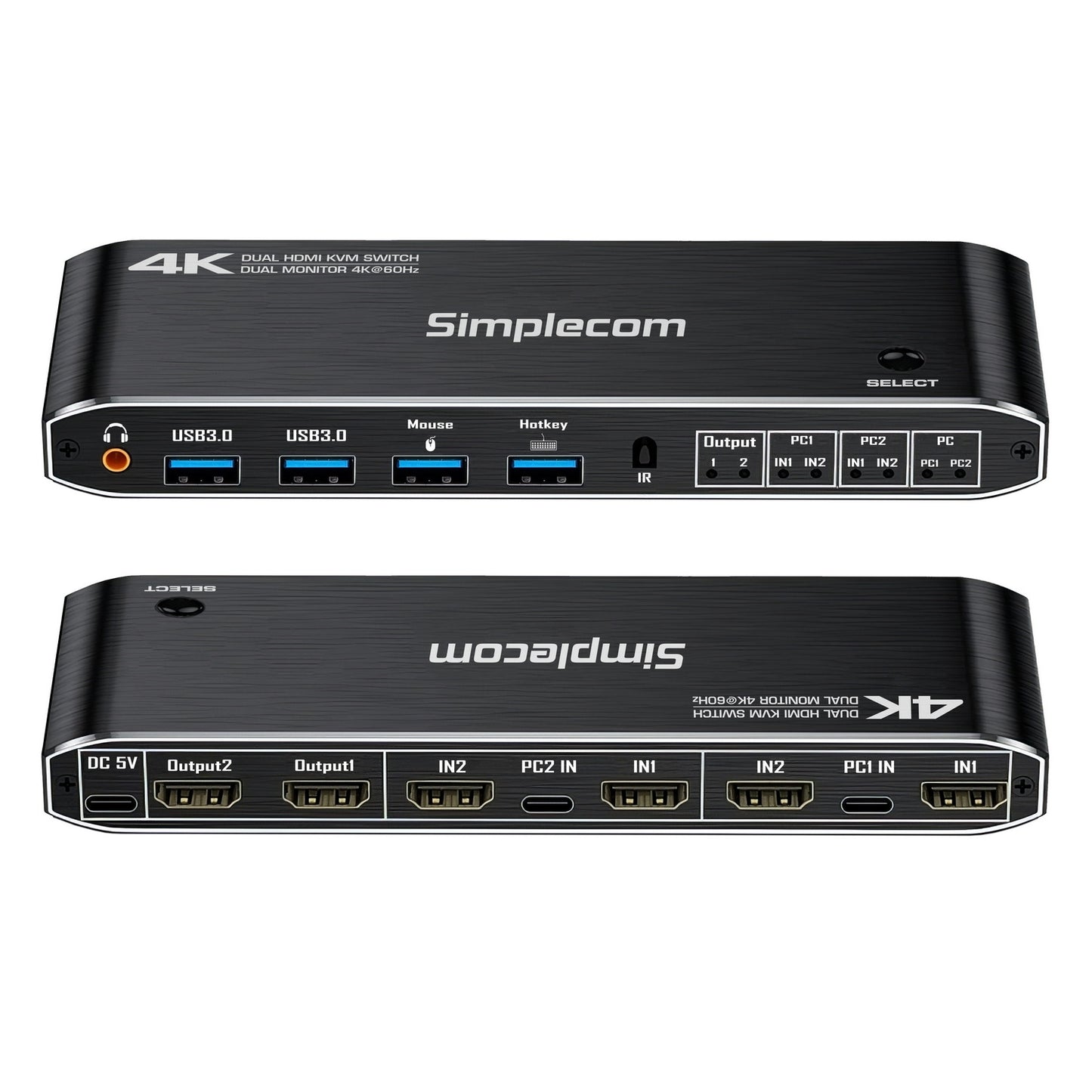 Simplecom KM430 Dual HDMI Monitor KVM Switch for 2 Computers with 4-Port USB Hub 4K@60Hz Keyboard Hotkey