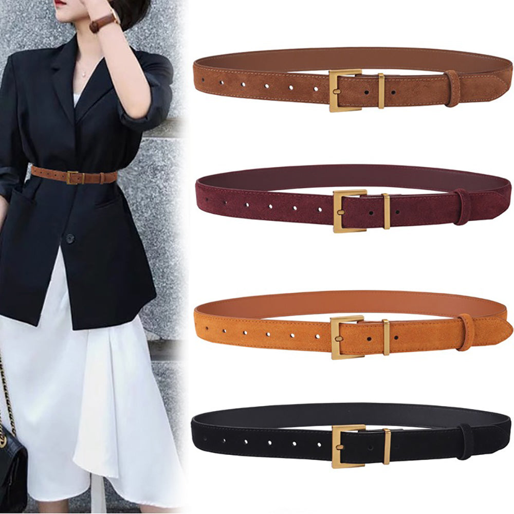 Women's Genuine Suede Leather Belt Classic Pin Buckle Cowhide Belts (Black)