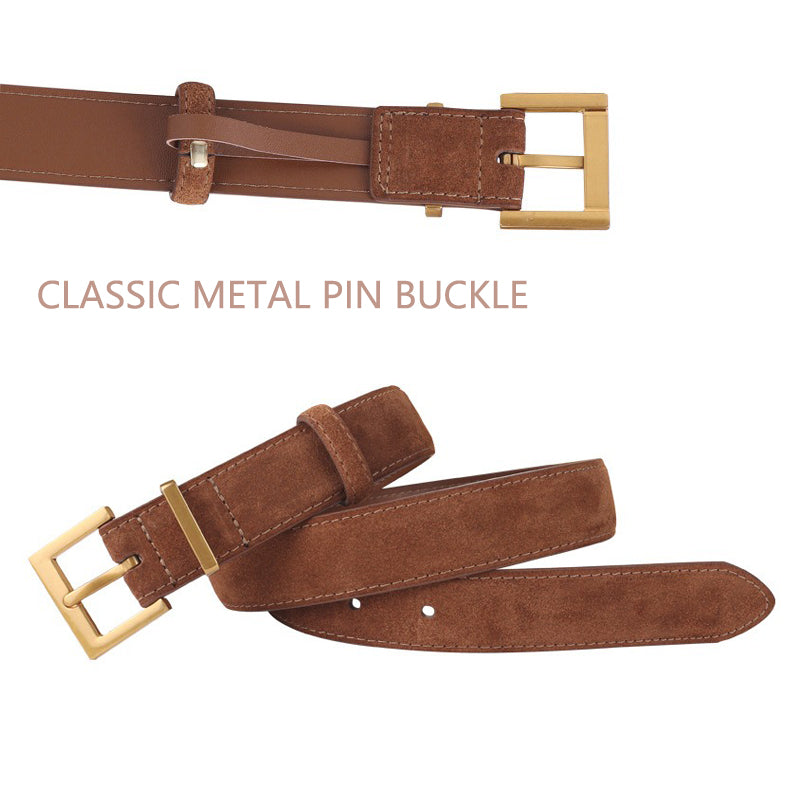Women's Genuine Suede Leather Belt Classic Pin Buckle Cowhide Belts (Brown)