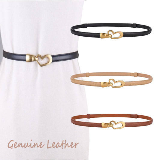 Women's Genuine Leather Thin Adjustable Waist Belt for Dresses Blazers (Black)