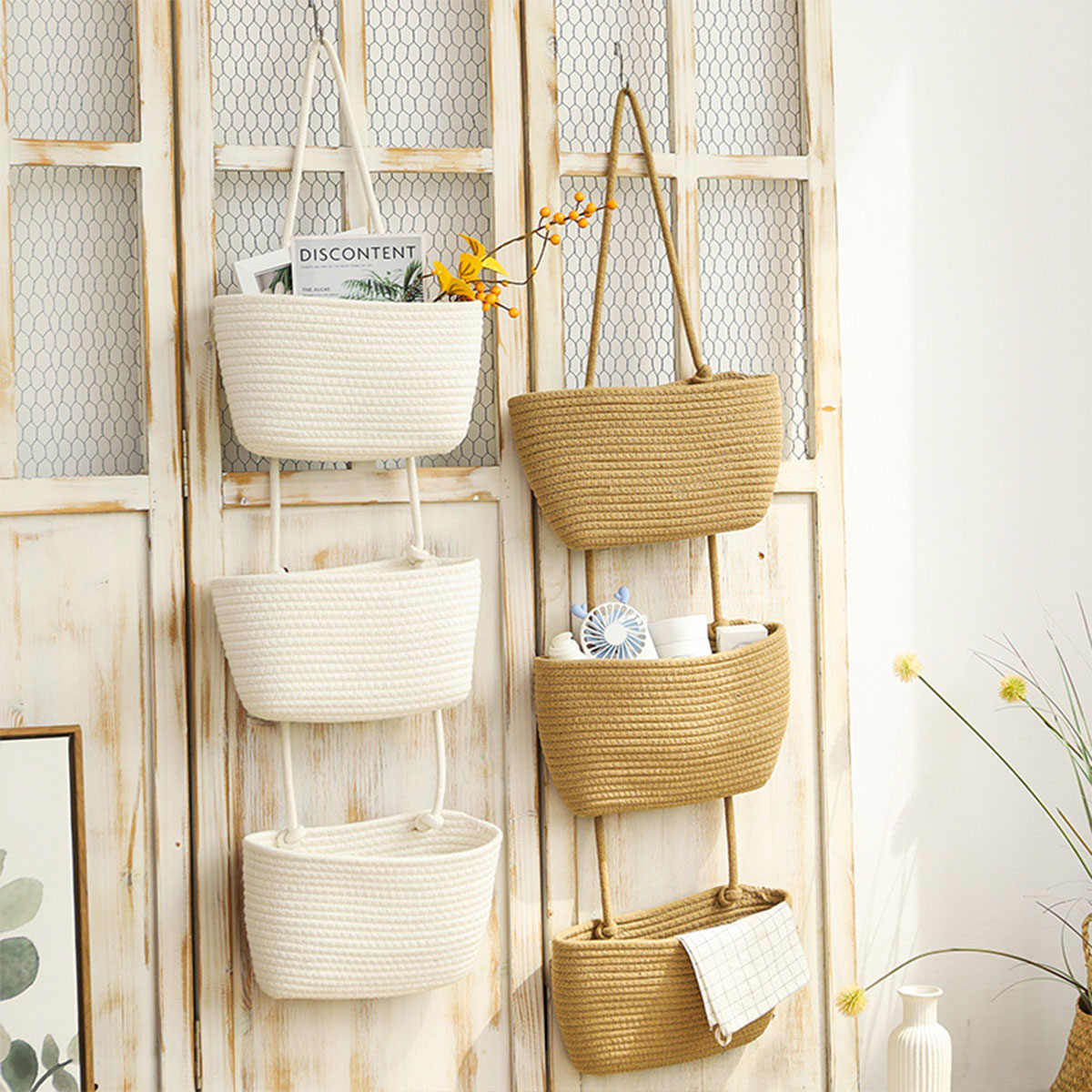 3 Layer Wall Mounted Storage Basket Hanging Organizer Rack for Household Items - White
