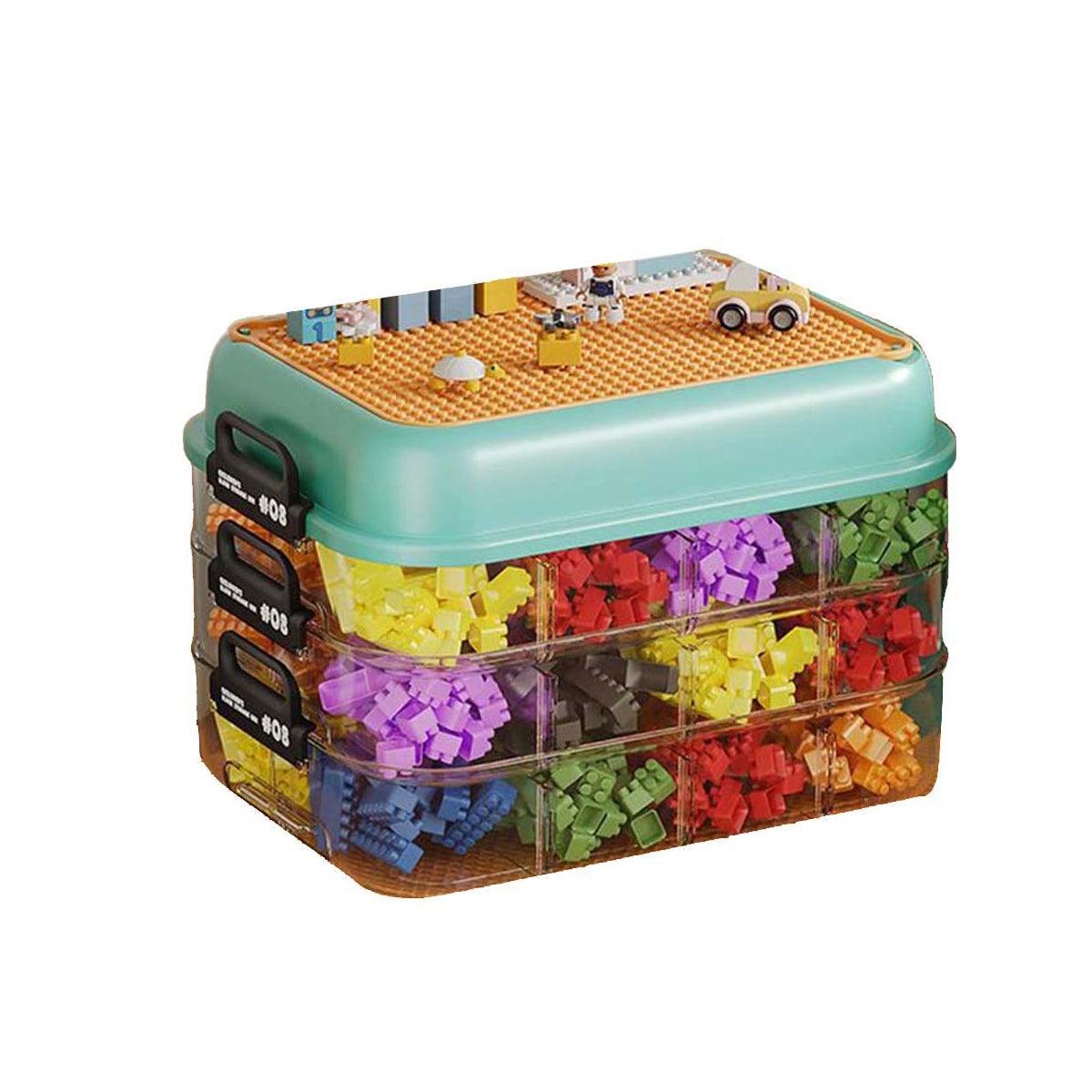 3-Layer Stackable Storage Box for Building Blocks Toy Organizer with Sorting Trays - Green