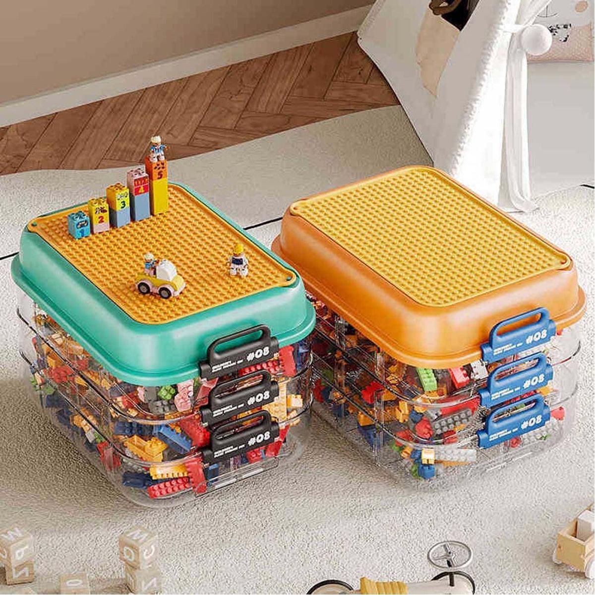 3-Layer Stackable Storage Box for Building Blocks Toy Organizer with Sorting Trays - Orange
