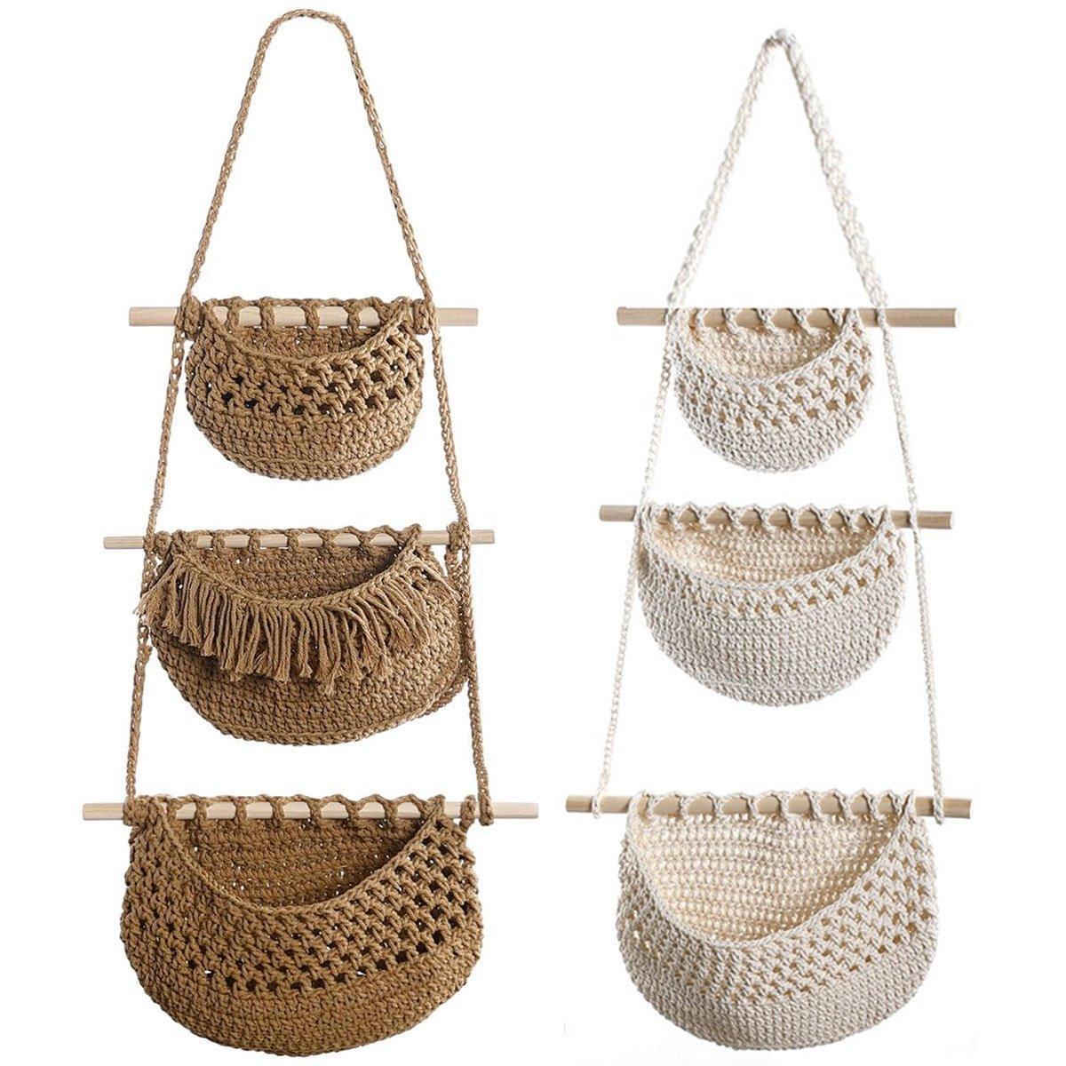 Three Layer Cotton Rope Wall Hanging Basket Door Storage Rack Organizer Bag - Brown
