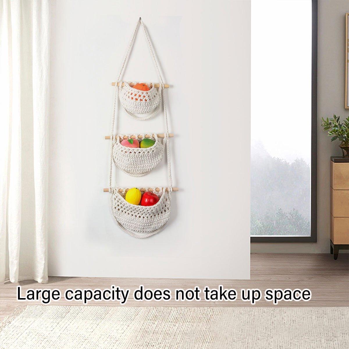 Three Layer Cotton Rope Wall Hanging Basket Door Storage Rack Organizer Bag - Brown