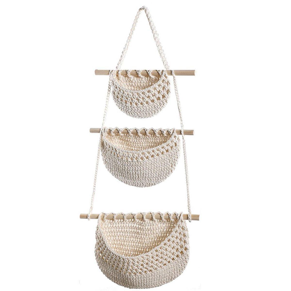 Three Layer Cotton Rope Wall Hanging Basket Door Storage Rack Organizer Bag - Brown