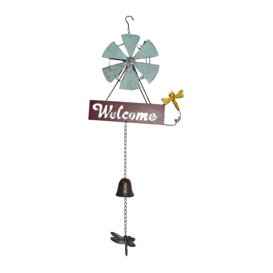 Hanging Welcome Windmill w Bell + Dragonfies 88cm