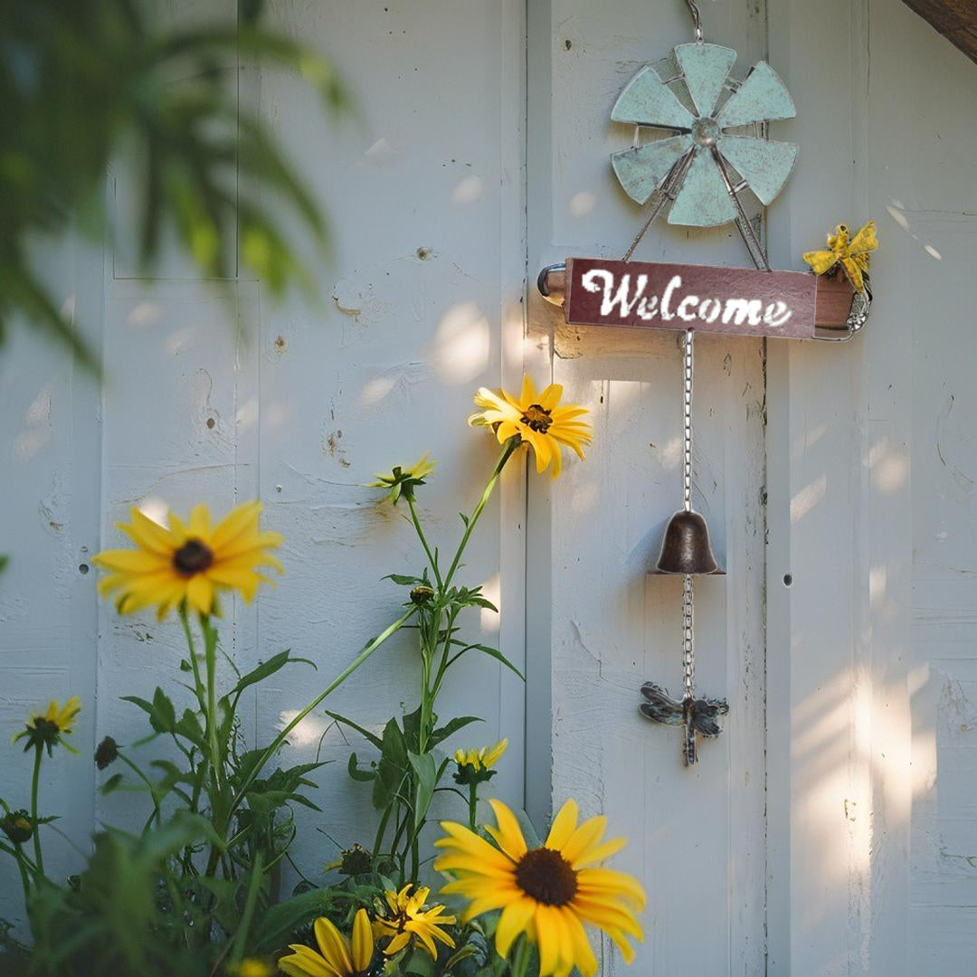 Hanging Welcome Windmill w Bell + Dragonfies 88cm
