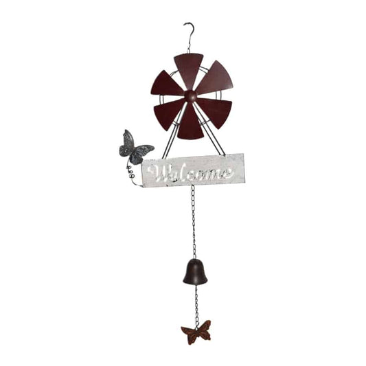 Hanging Welcome Windmill w Bell + Butterflies 88cm