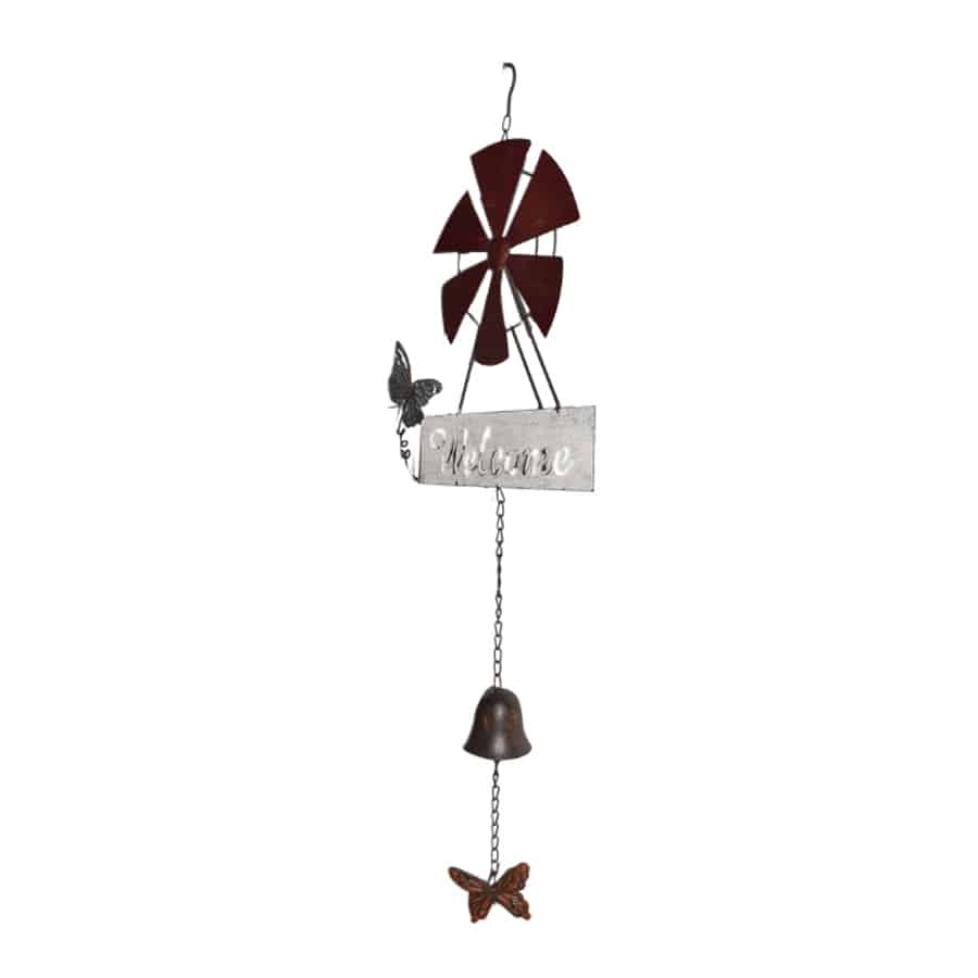 Hanging Welcome Windmill w Bell + Butterflies 88cm