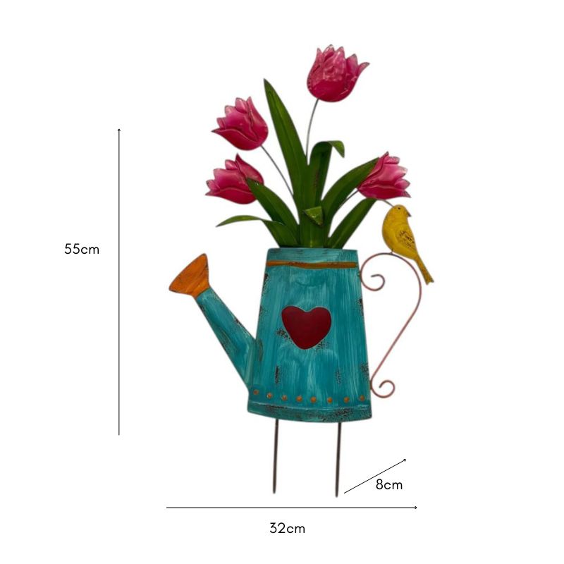 Flowers In Blue Watering Can Garden Stake 55cm