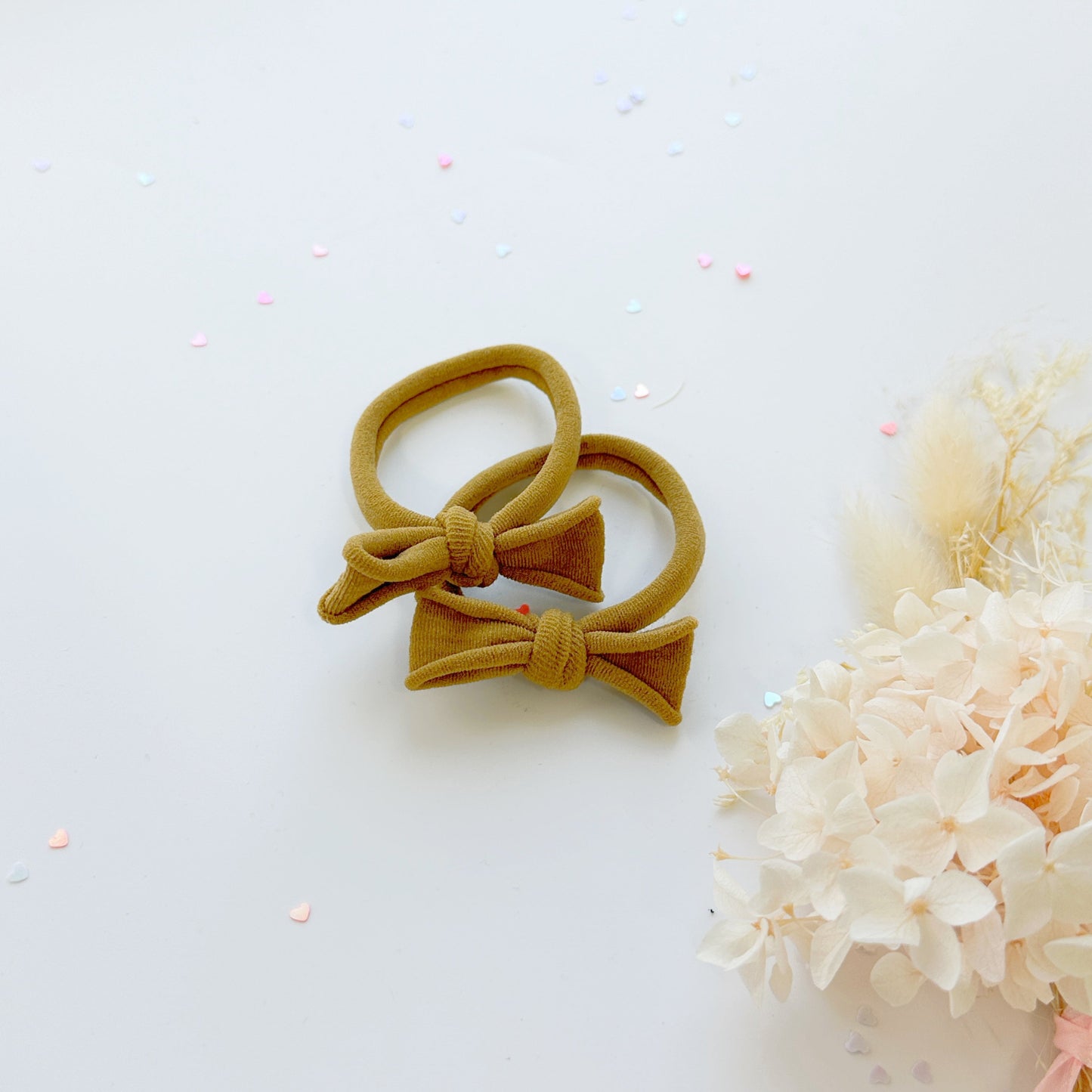 Handmade Simple Bow metal free hair ties -Mustard - 1 Pairs - Mustard