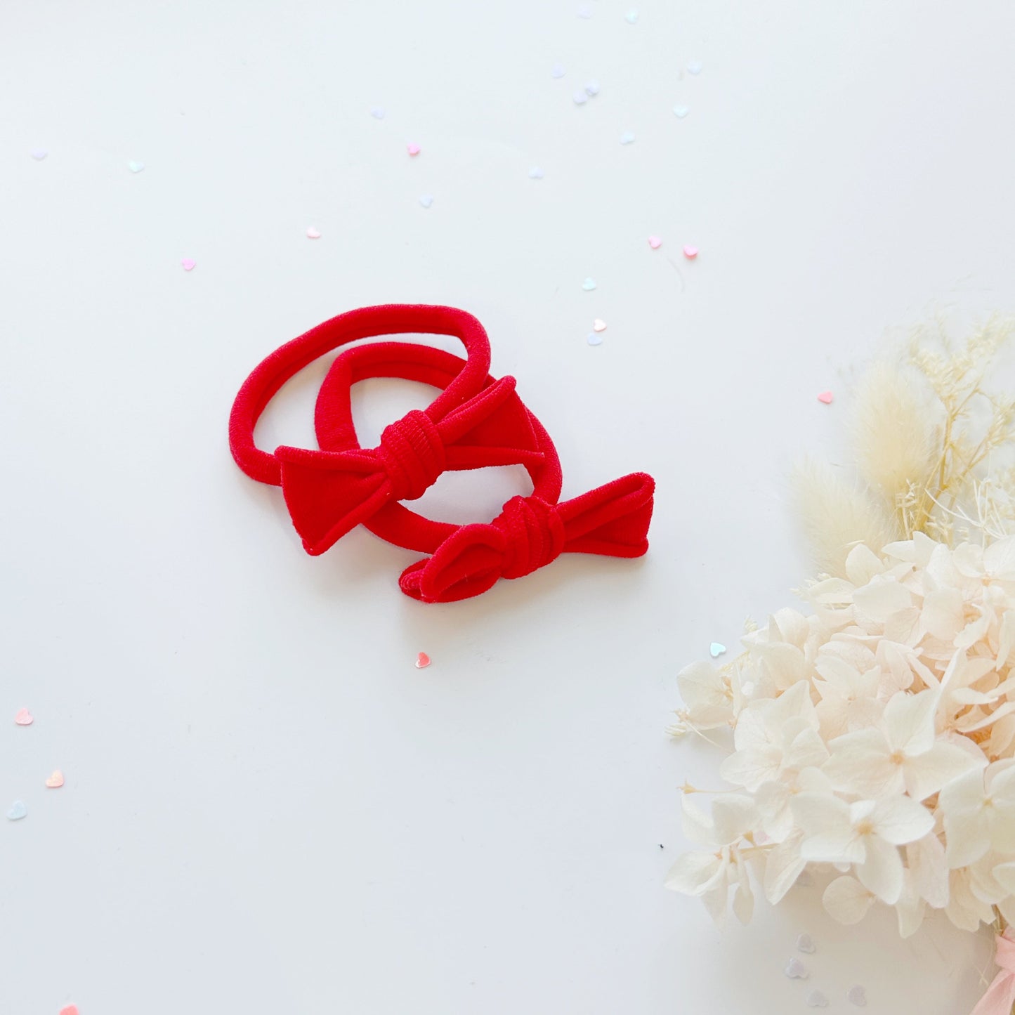 Handmade Simple Bow metal free hair ties -POP - 1 Pairs - Red