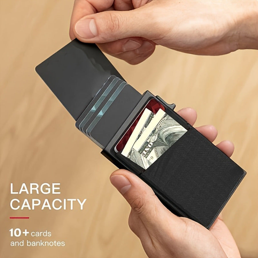 Black Ultra-Slim RFID Blocking Pop-Up Wallet - Automatic Card Holder with Metal Case & Secure Screw Base
