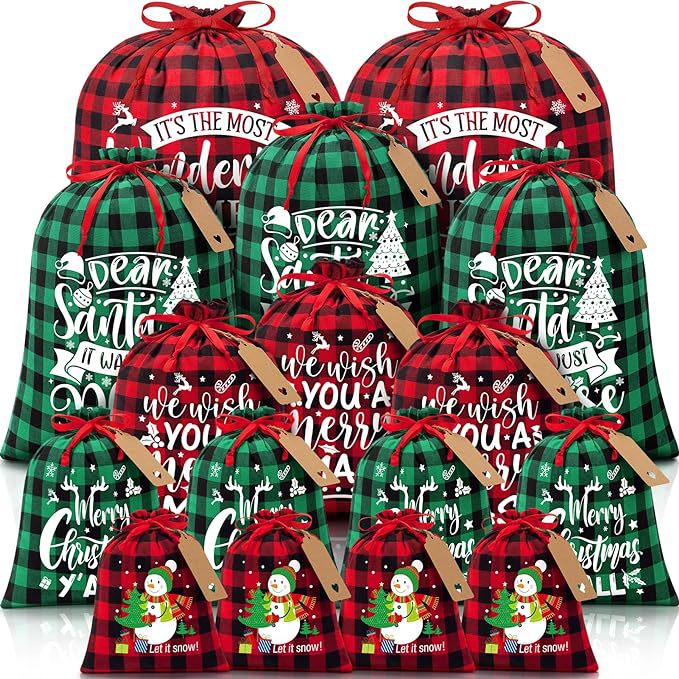 Black and white checkered Christmas Gift Drawstring Bags Set - Festive Burlap Style Pouches for Candy & Apples - Holiday Decoration - 10 Pcs