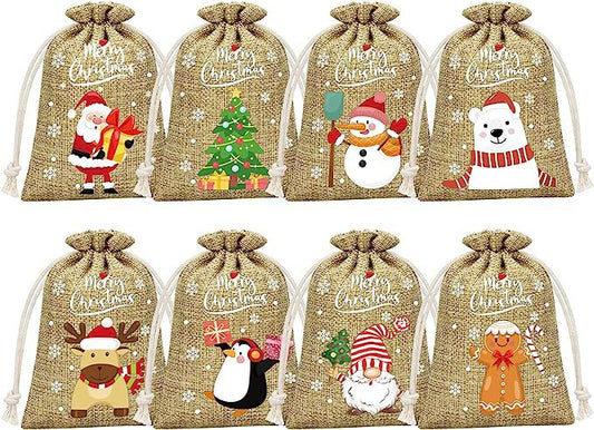 Brown Christmas Gift Drawstring Bags Set - Festive Burlap Style Pouches for Candy & Apples - Holiday Decoration - 10 Pcs