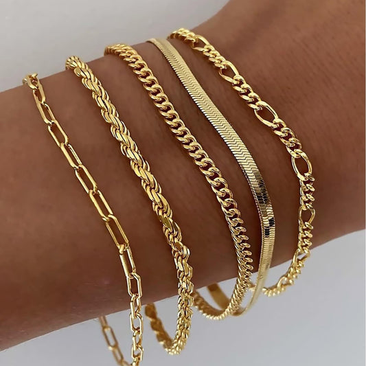 A golden five-piece set Chic Multi-Layered Alloy Bracelet Set - Fashionable Stackable Jewelry