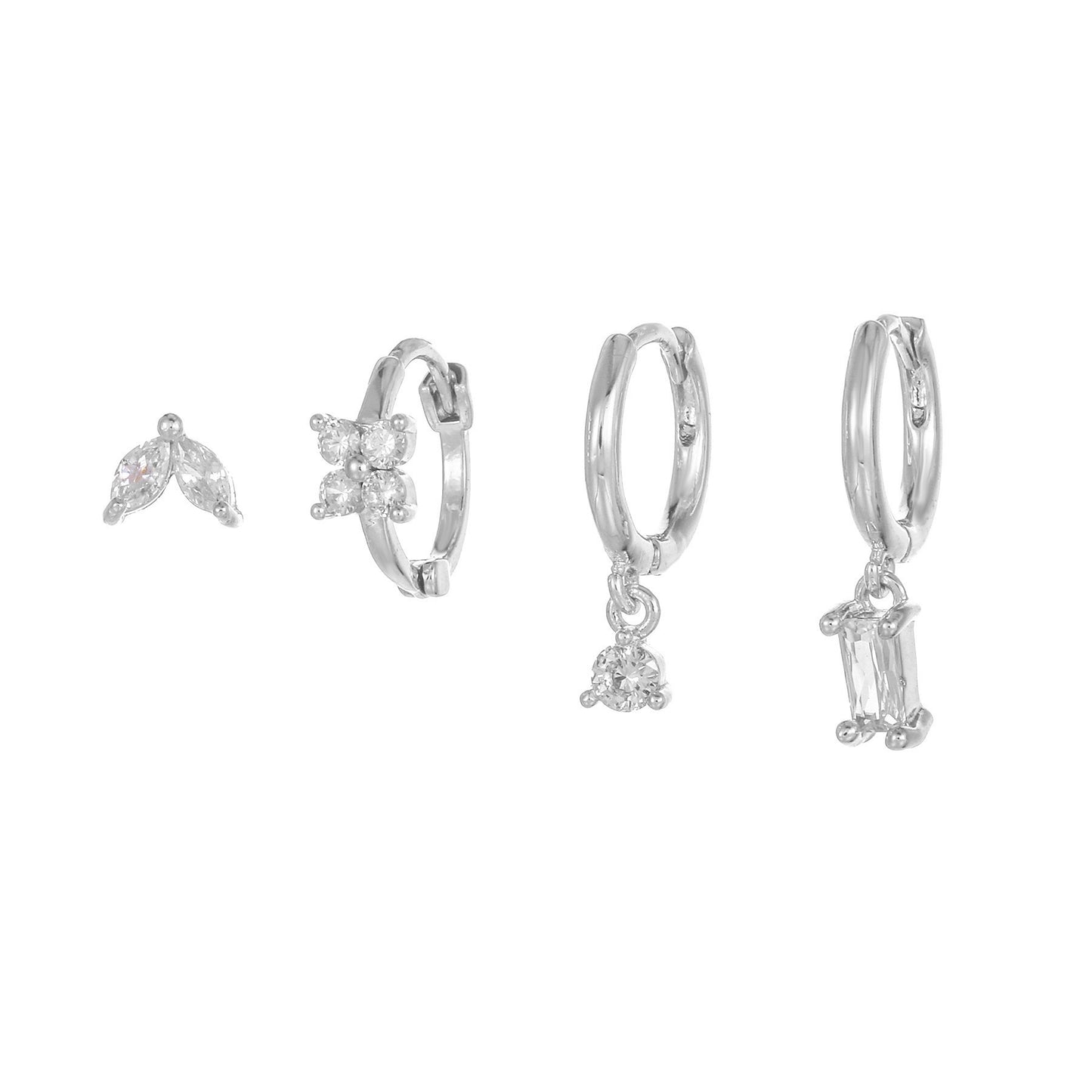 Four-piece set Silver Delicate CZ Earring Stacking Set - Huggie Hoops & Studs for Multiple Piercings