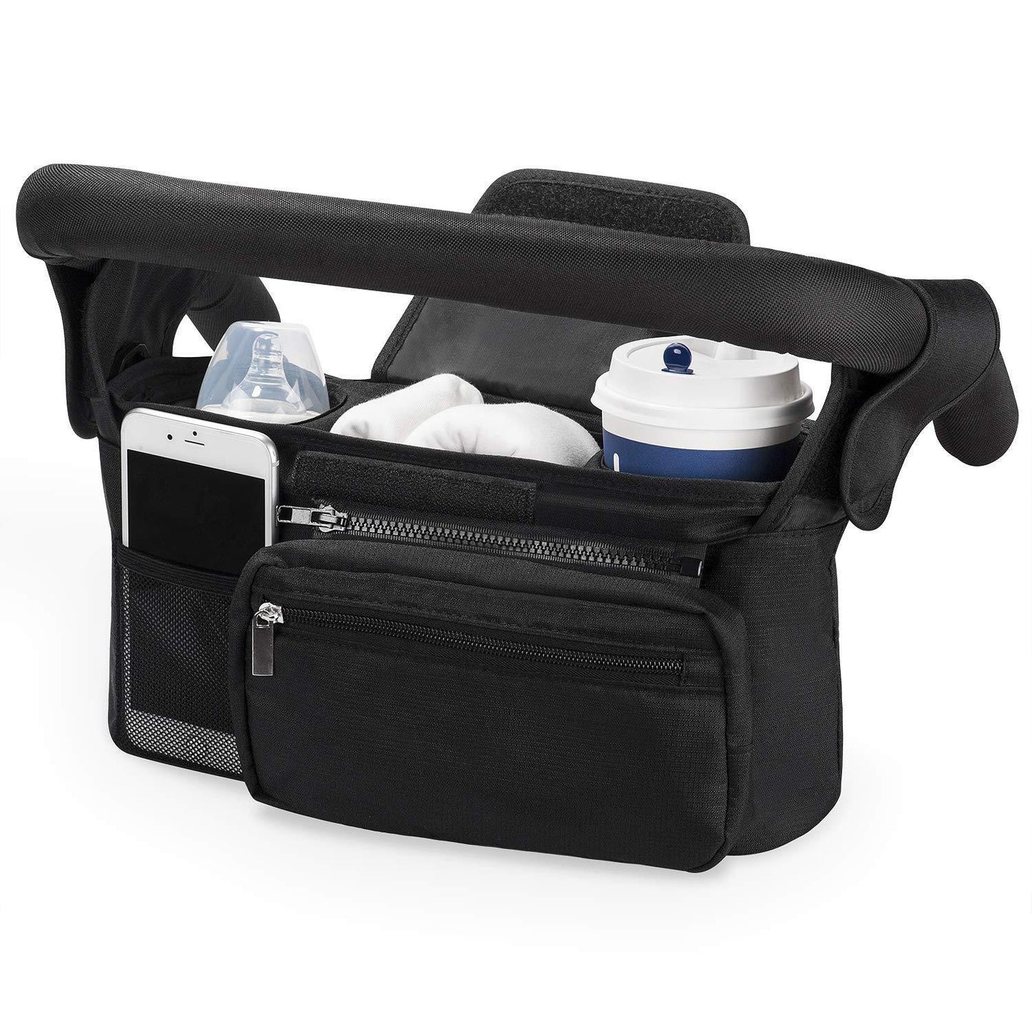 Black Universal Stroller Organiser Caddy with Insulated Cup Holders and Detachable Wristlet