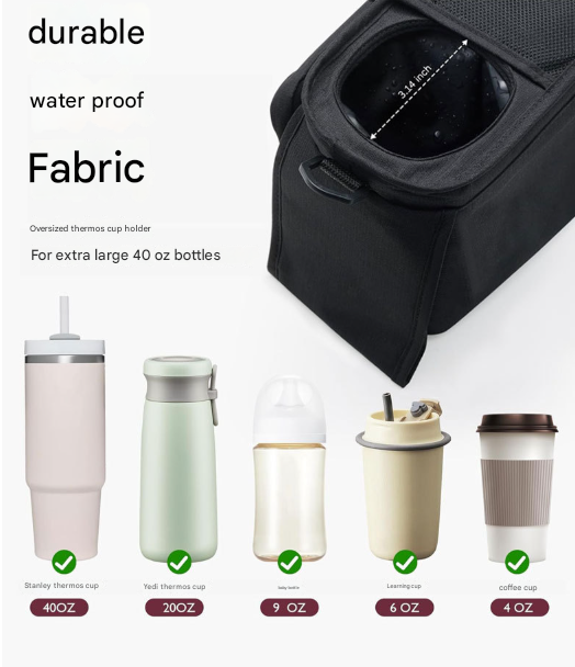 Black Universal Stroller Organiser Caddy with Insulated Cup Holders and Detachable Wristlet