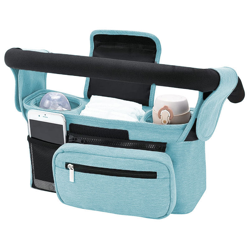 Blue Universal Stroller Organiser Caddy with Insulated Cup Holders and Detachable Wristlet