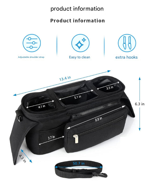 Pink Universal Stroller Organiser Caddy with Insulated Cup Holders and Detachable Wristlet