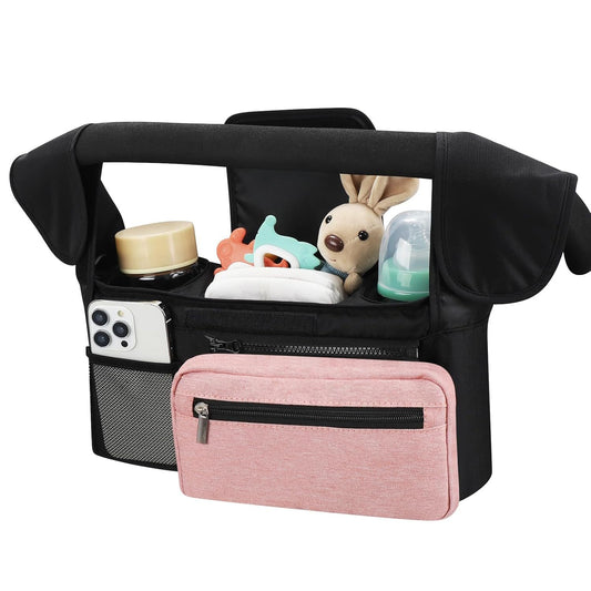 Black and Pink Stitching Universal Stroller Organiser Caddy with Insulated Cup Holders and Detachable Wristlet